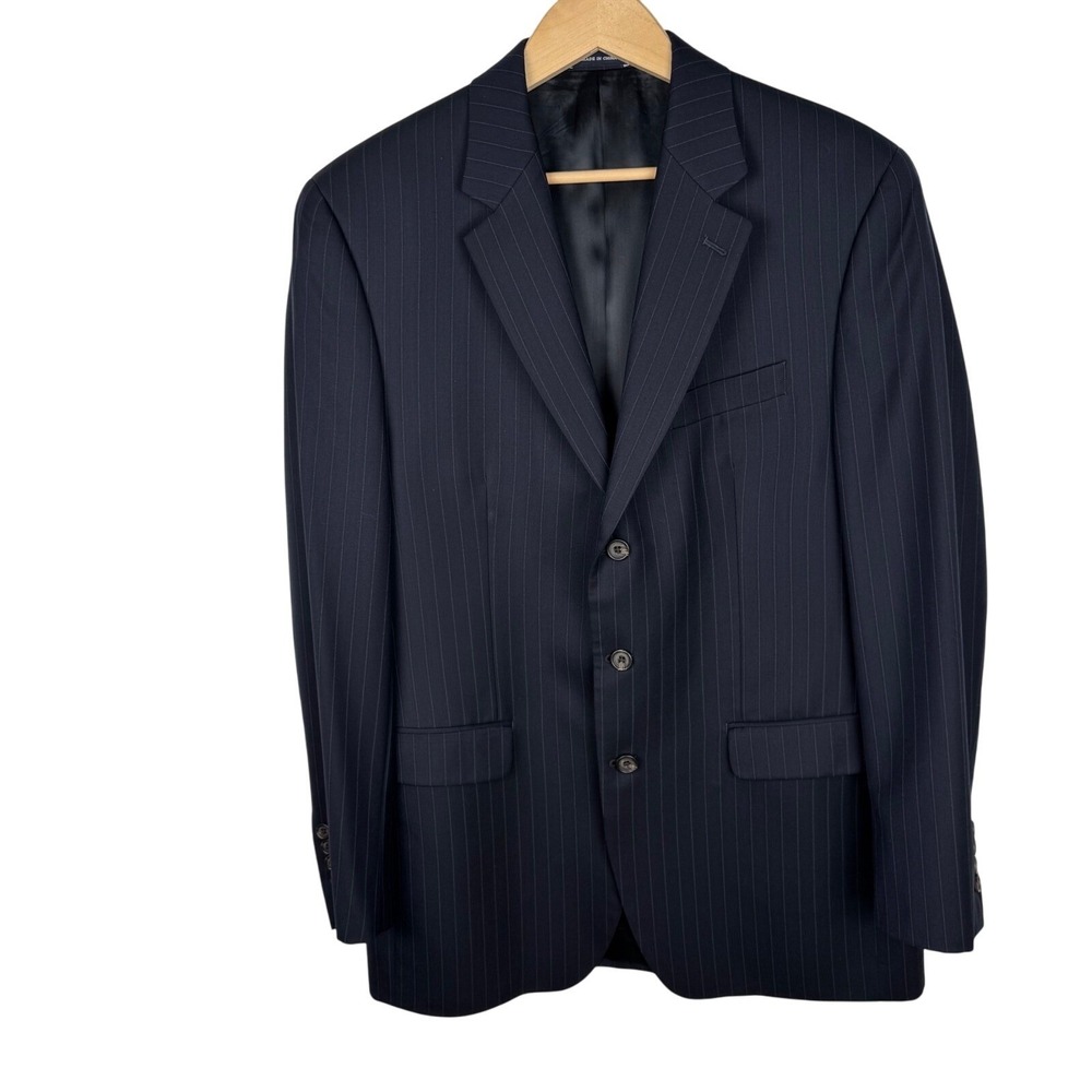 Ralph Lauren Navy Pinstripe Wool Blazer Men 42L Business 3 Roll 2 Jacket Classic